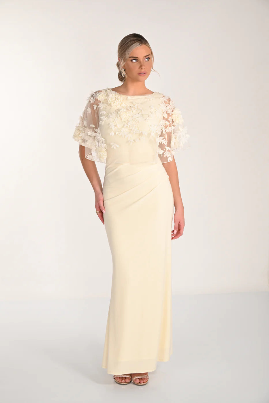 frank lyman dresses Lyman- Floral Overlay Cape Dress in Custard speakeasy dresses 5% Elastane What Is the Most Size:6Y/6X
