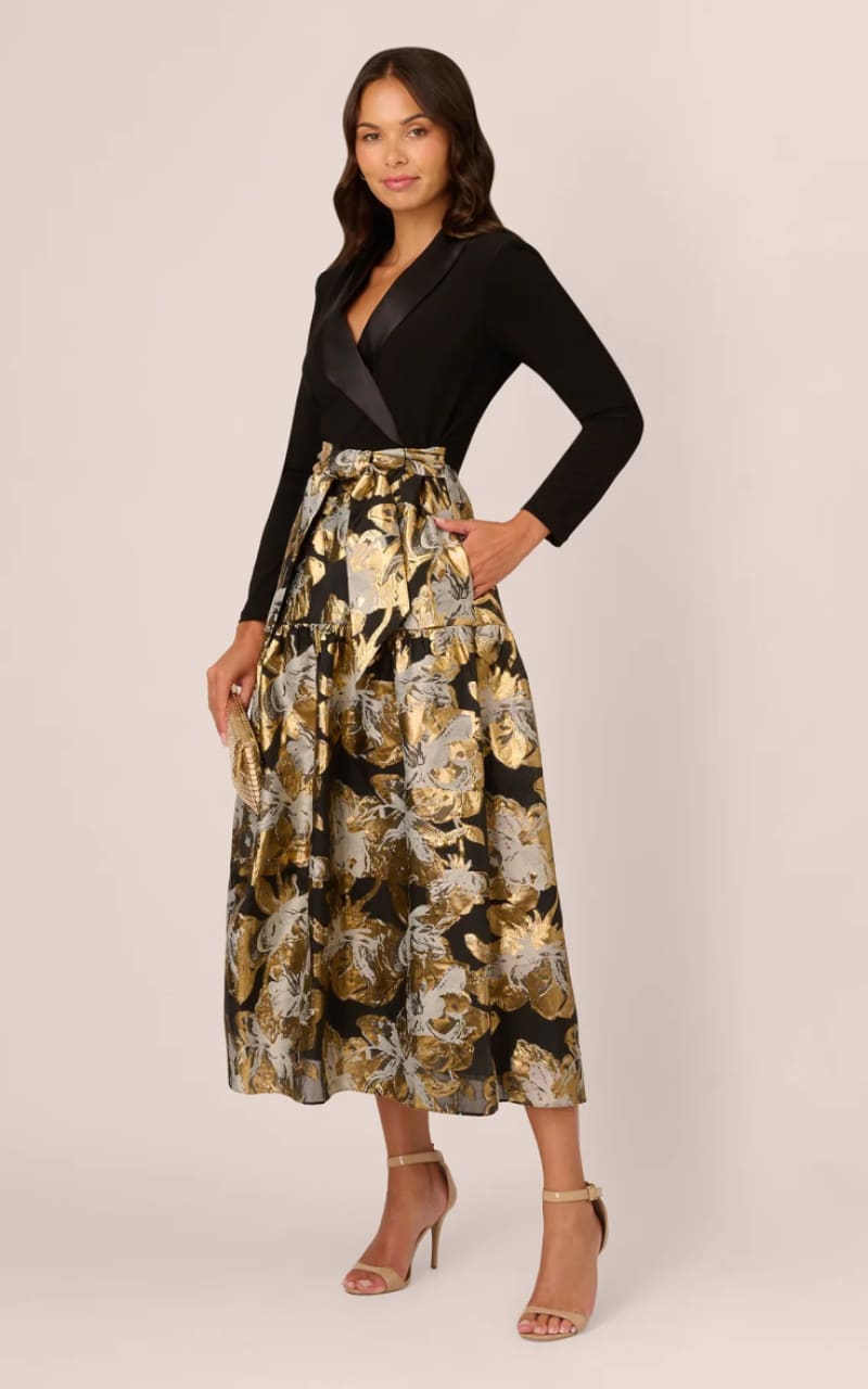 Adrianna Papell- Combo Floral Jacquard Dress In Black Gold | floc boutique
