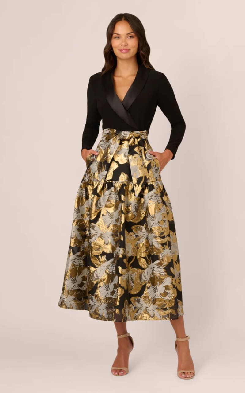 Adrianna Papell- Combo Floral Jacquard Dress In Black Gold | floc boutique Adrianna Papell- Combo Floral Jacquard Dress In Black Gold | floc boutique