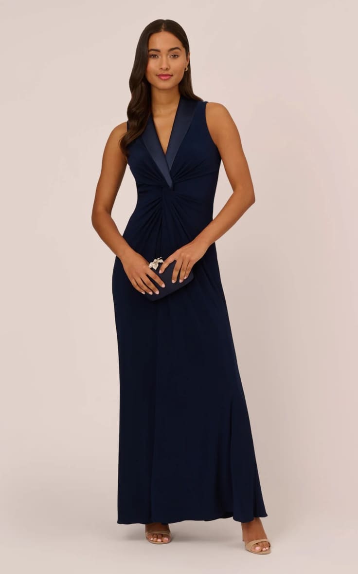 Adrianna Papell- Matte Jersey Twist Front Tuxedo Gown