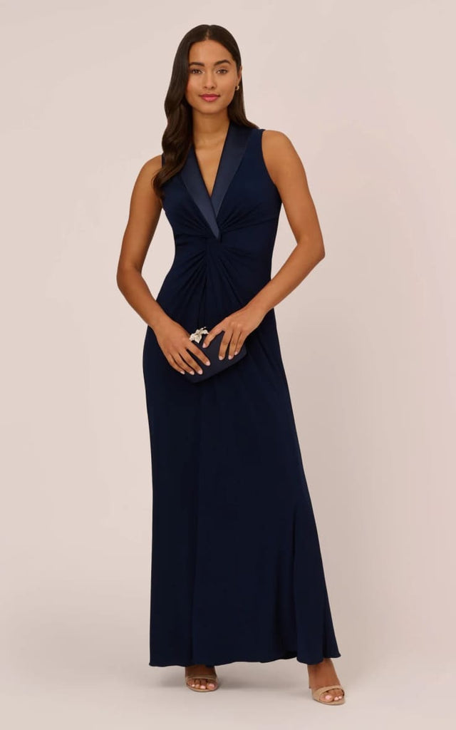 Adrianna Papell- Matte Jersey Twist Front Tuxedo Gown in