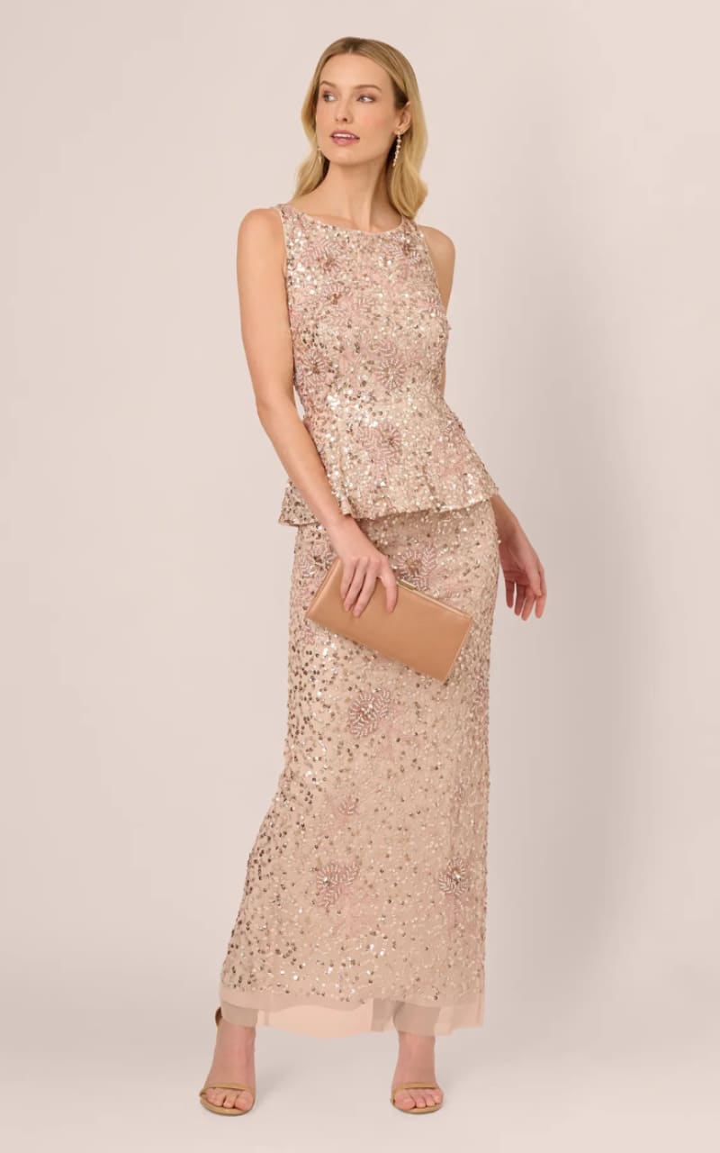 Adrianna Papell- Beaded Peplum Dress in Shell | floc boutique Adrianna Papell- Beaded Peplum Dress in Shell | floc boutique