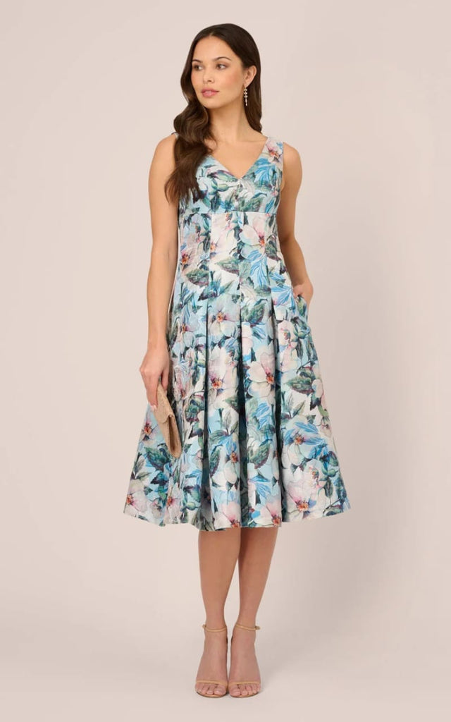 Adrianna Papell - Floral Jacquard Midi Dress with Pockets