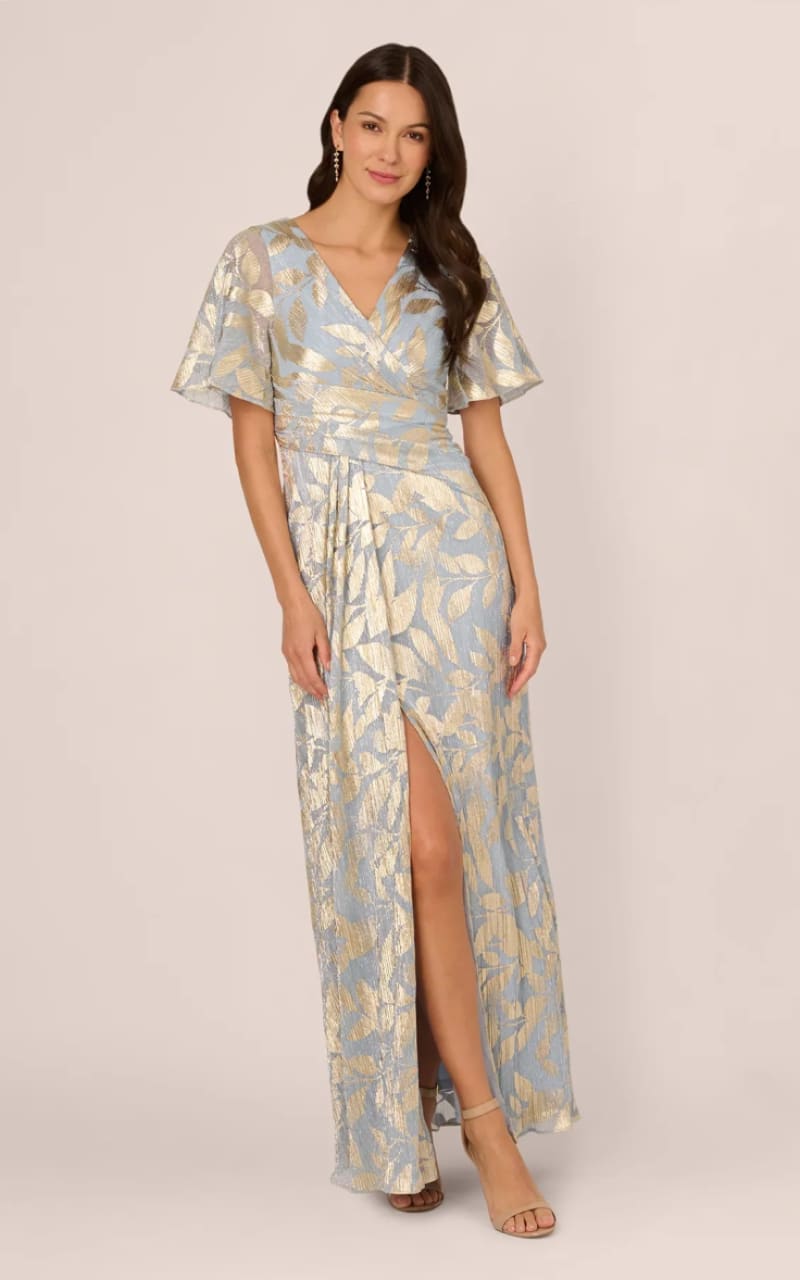 slim fit dress slacks Navy Gold Foil Printed Asymmetric Gown With Ruffled Detail main image 0
