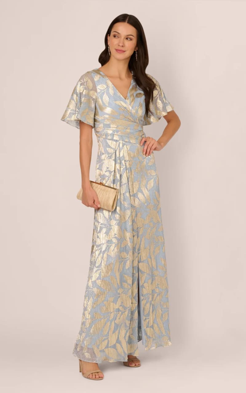 adrianna papell gold foil dress Adrianna Eve Embellished Maxi Dress