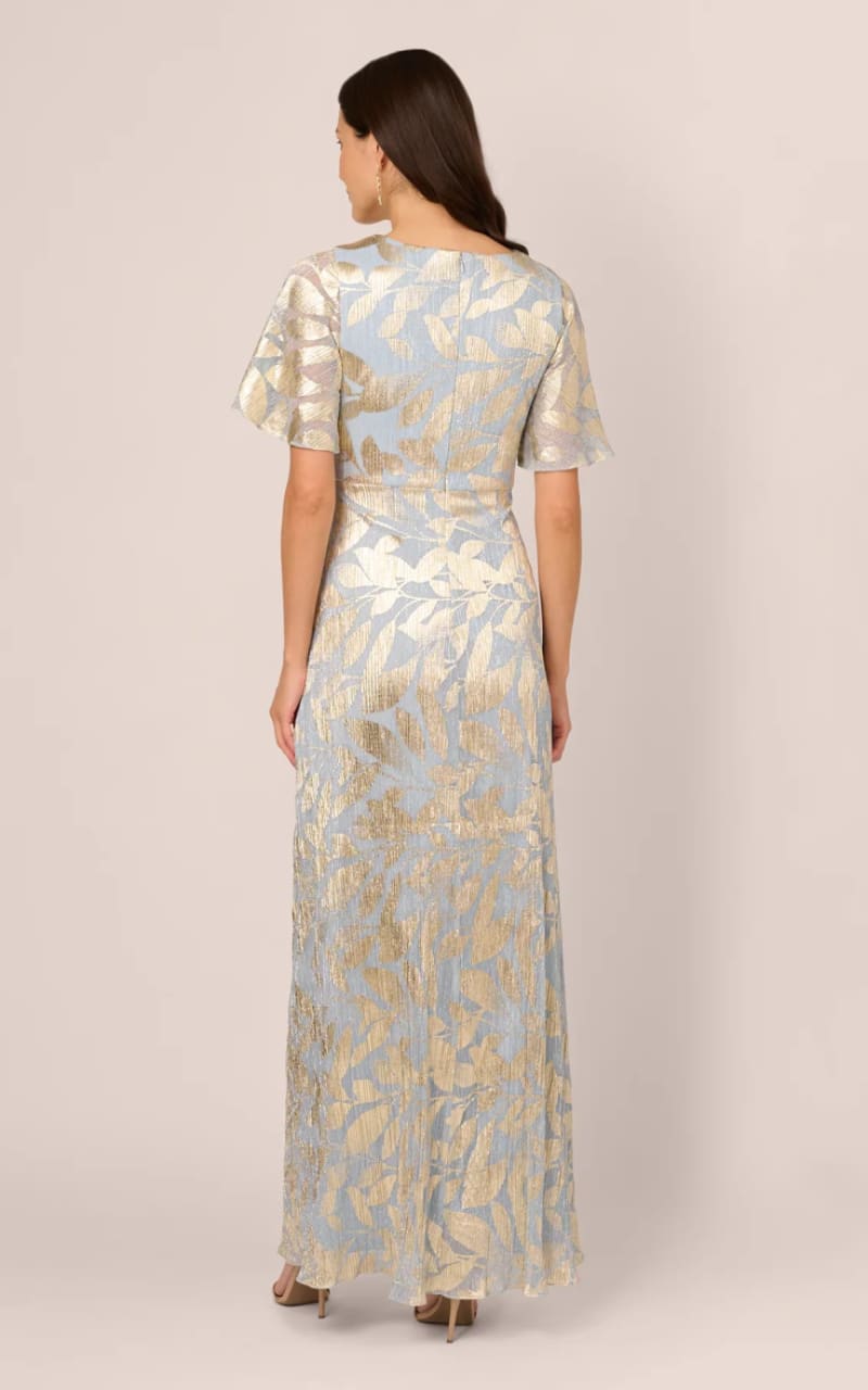 【海外限定】AdriannaPapell ドレス☆Blue llic Foil Long D Adrianna Papell- Foil Leaf Gown in Light Blue Gold | floc