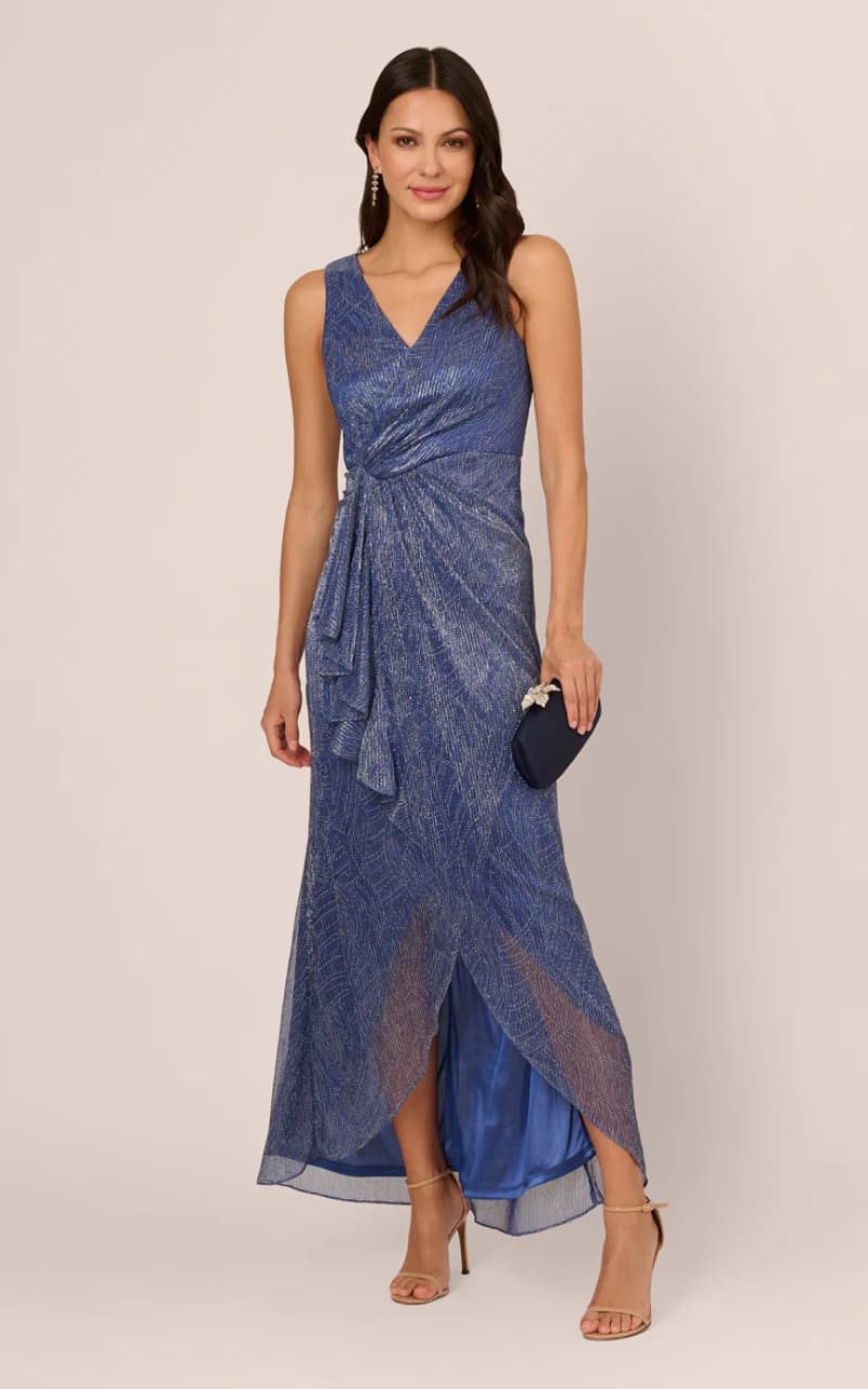 Adrianna Papell Women's Metallic Mesh Cascade Gown - Sleeveless Formal Evening Dress With Ruffle Detail