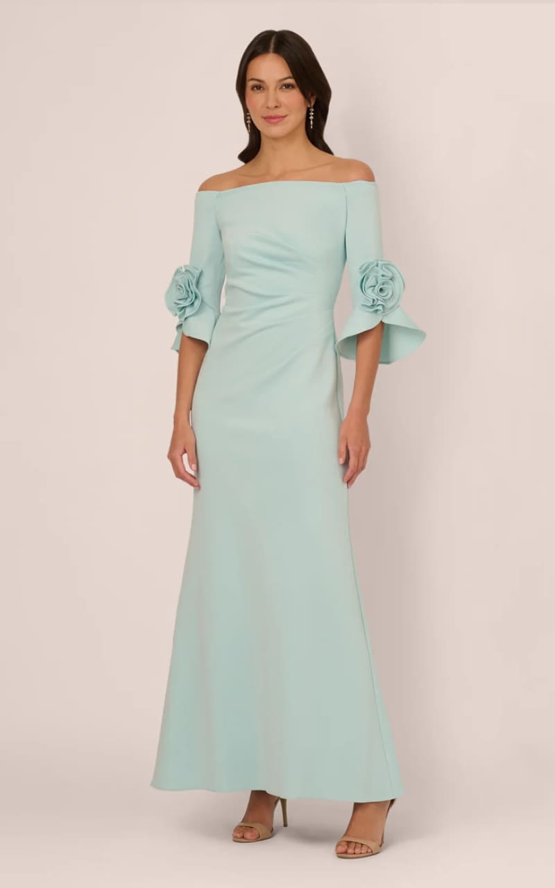Adrianna Papell- Off Shoulder Rosette Gown In Airy Aqua floc