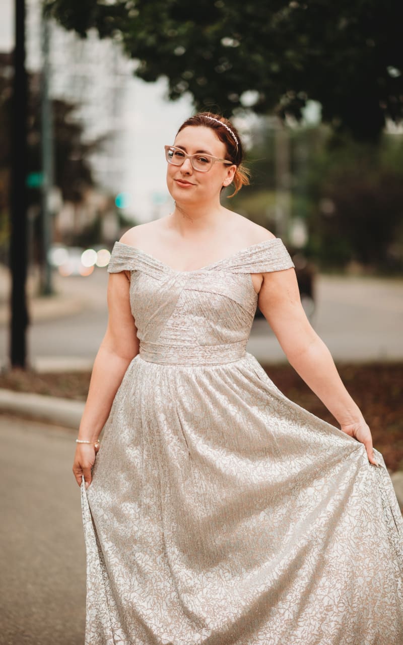 white christmas dresses Aidan Mattox- Metallic Off The Shoulder Gown