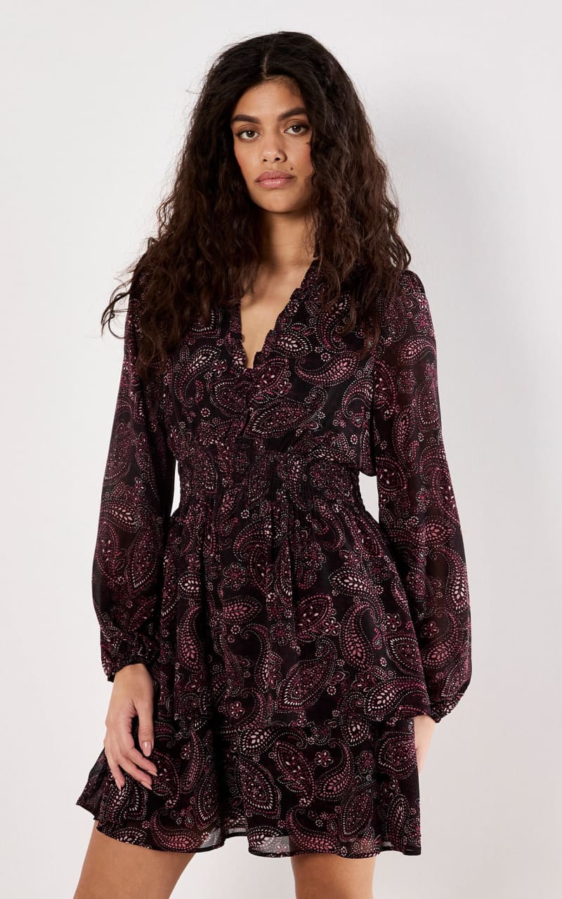Apricot Batik Paisley Mini Dress in Burgundy floc boutique