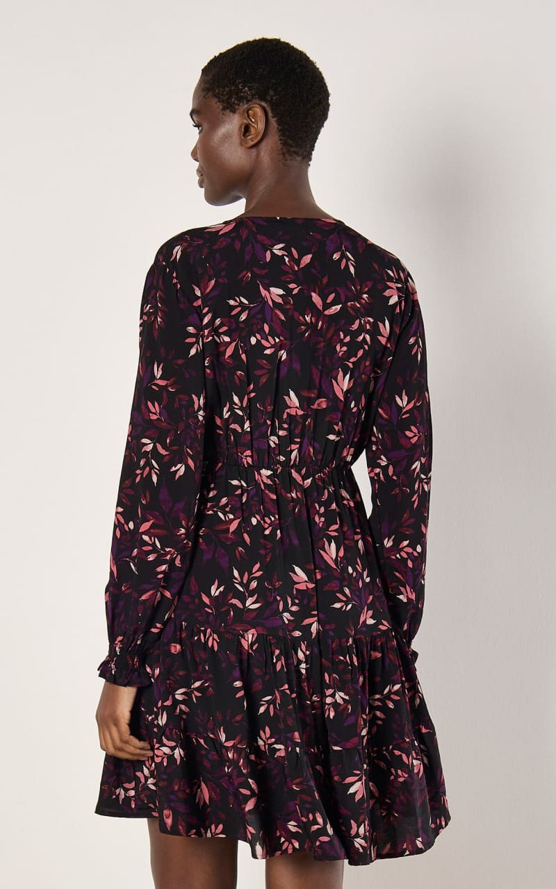 Apricot - Trailing Leaves Tier Button Dress in Burgundy