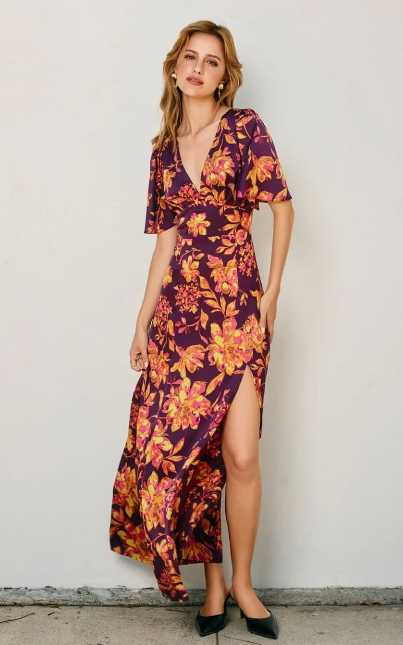 Dress Forum - Crimson Horizon Flutter Sleeve Plunging Maxi