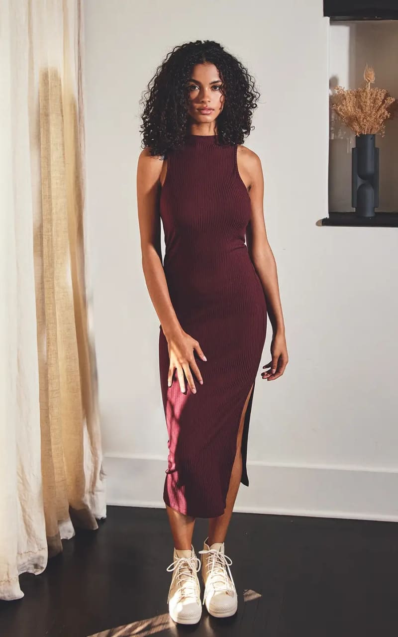 Dress Forum - Keep It Simple Mock Neck Midi Dress in Wine | floc boutique