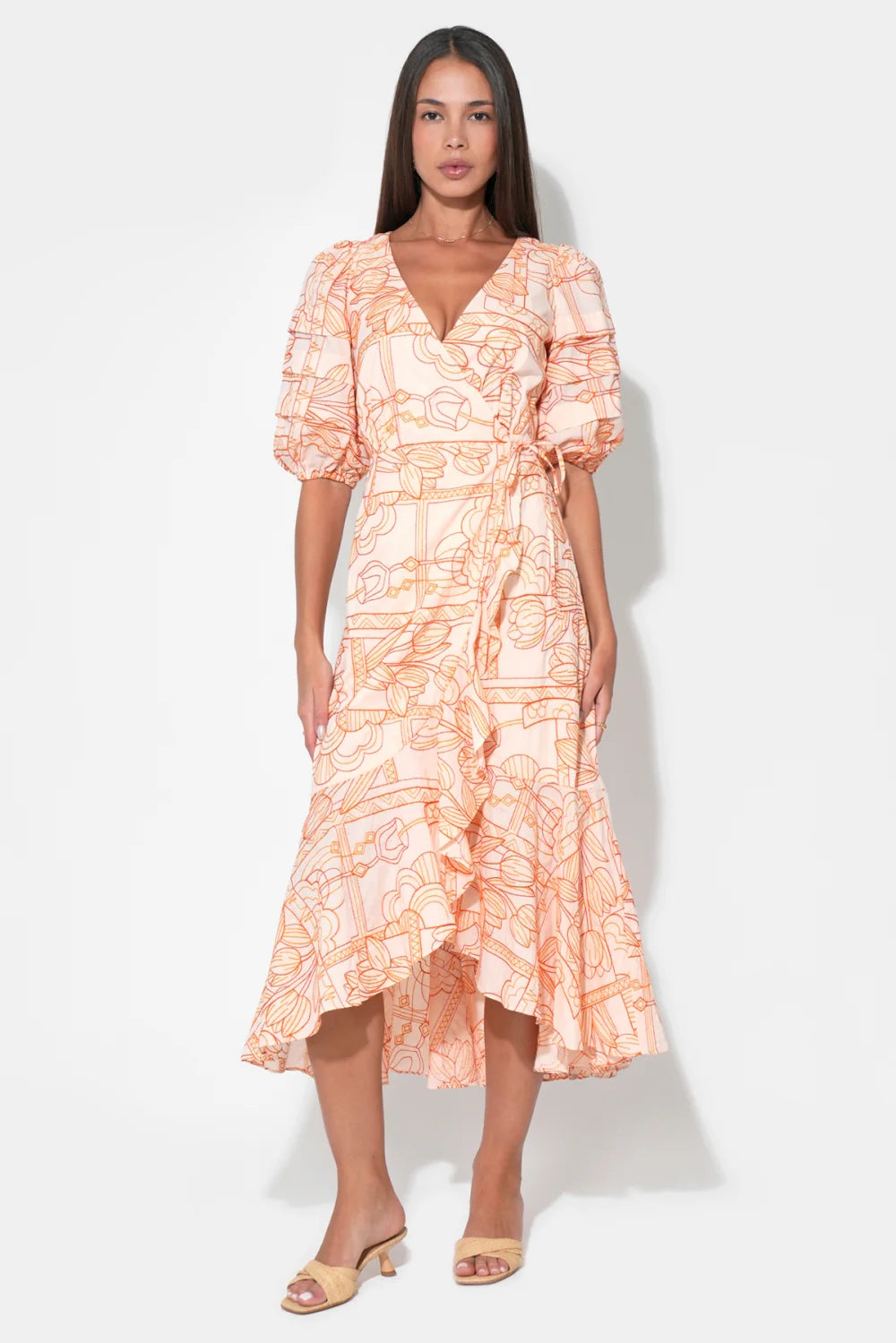 Adelyn Rae - Haven Ruffle Embroidery Wrap Midi Dress in Light Orange