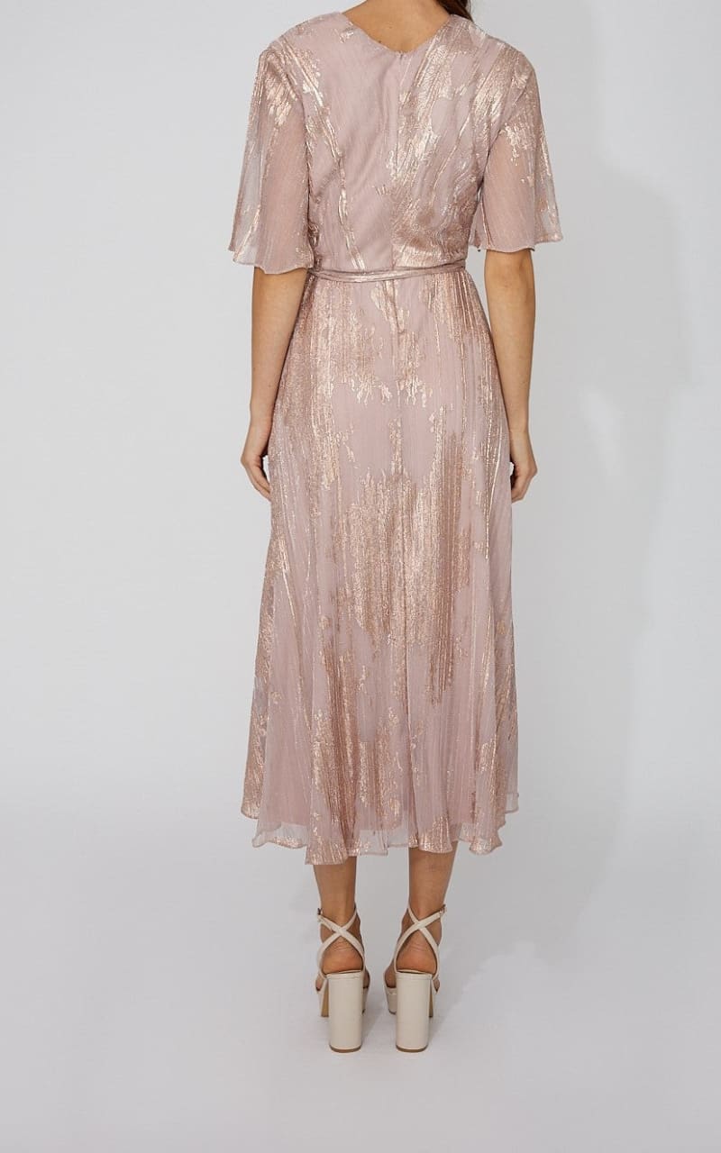frame faux wrap midi dress Frank Lyman- Faux Wrap Midi Dress in Lychee