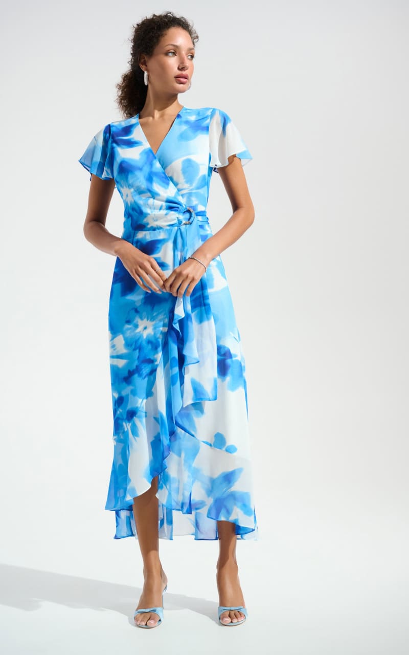 white christmas dresses Joseph Ribkoff- Chiffon Print Wrap Dress With Ruffle Detail