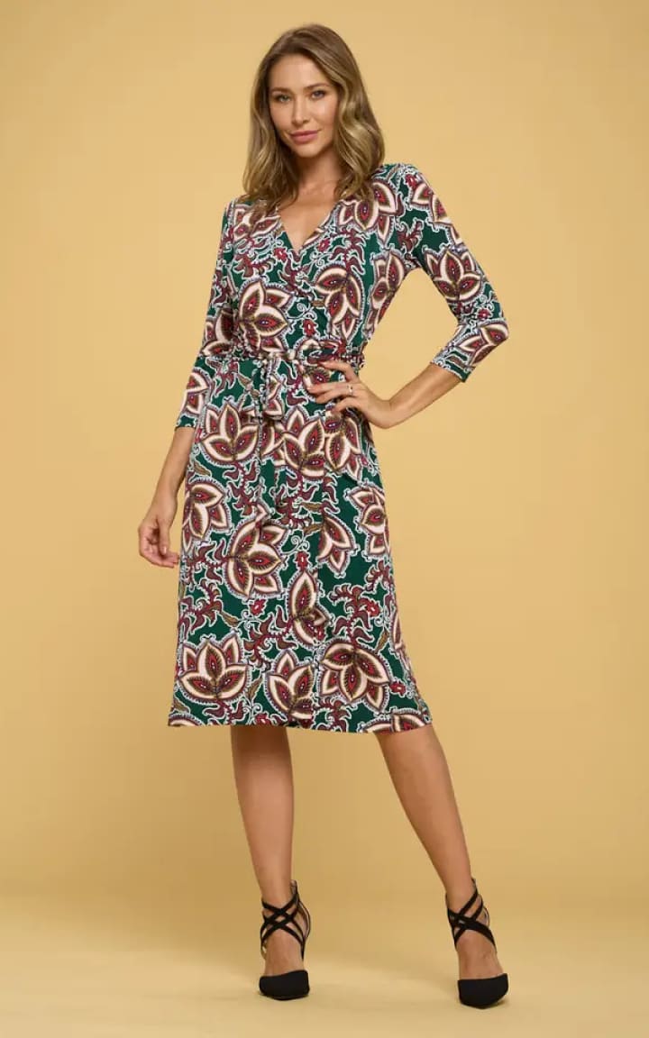 Renee C Floral V Neck Wrap Dress in Green Print