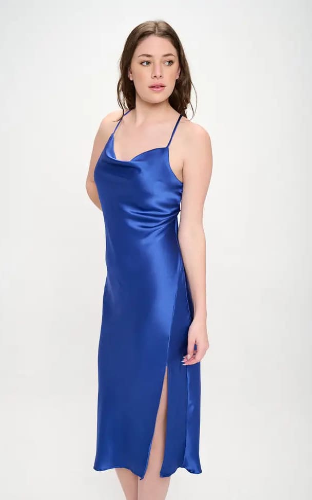 Renee C Royal Blue Midi Satin Slip Dress w Slit Two Way floc boutique