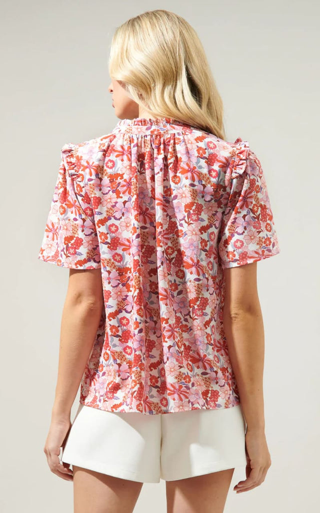 Sugarlips - Huckleberry Floral Mei Split Neck Top - Shirts