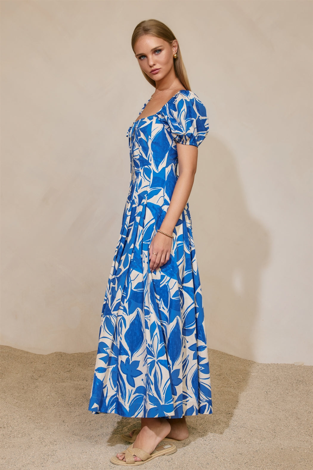 Dress Forum - Floral Puff Sleeves Paneled Maxi Dress in Capri Blue