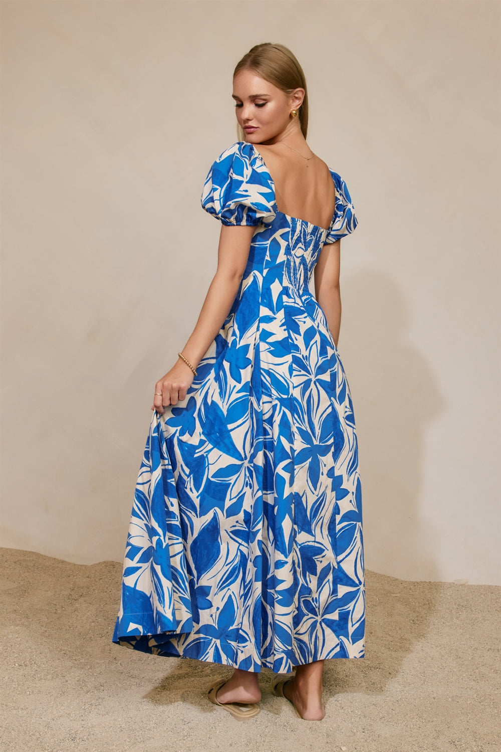 Dress Forum - Floral Puff Sleeves Paneled Maxi Dress in Capri Blue