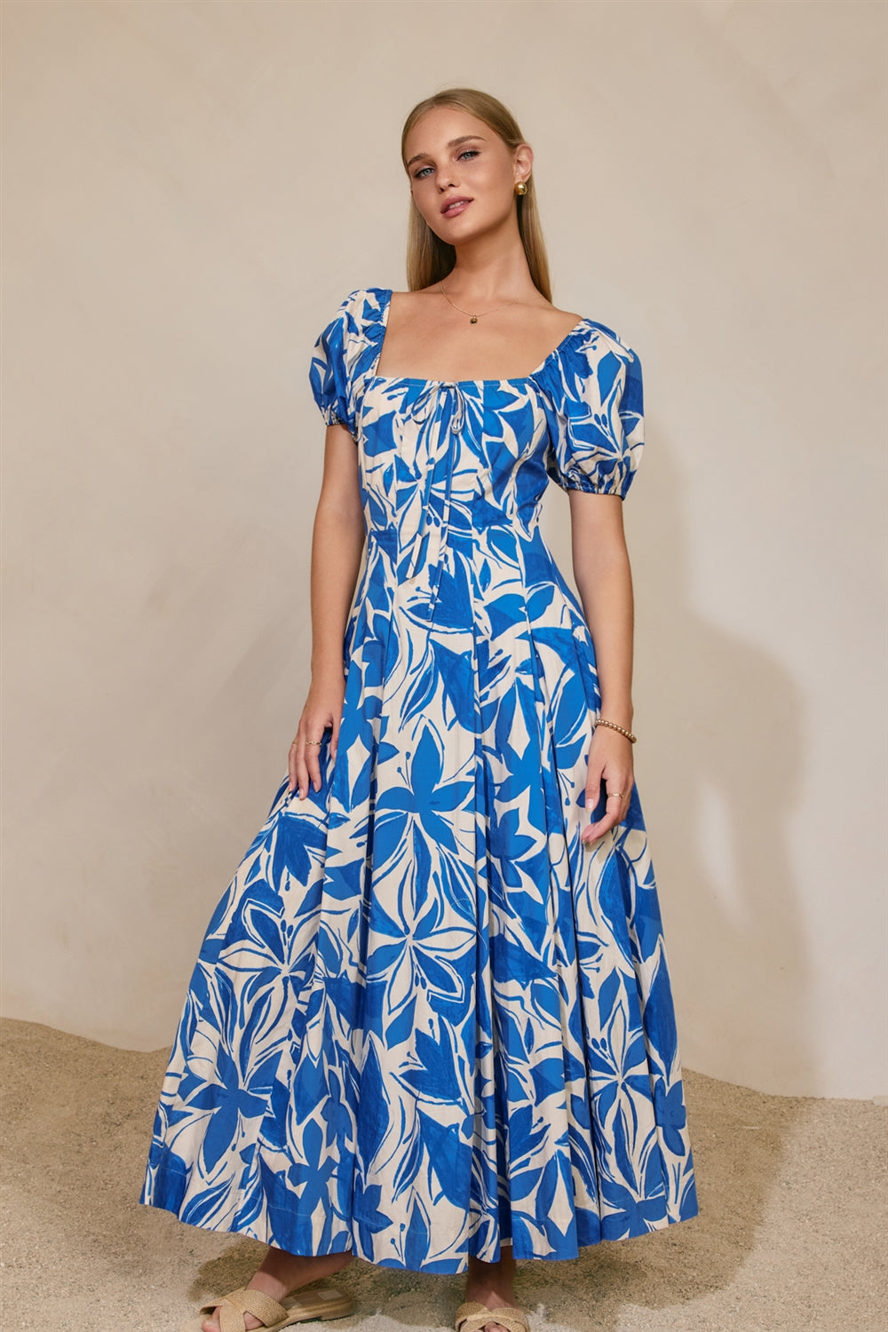 Dress Forum - Floral Puff Sleeves Paneled Maxi Dress in Capri Blue