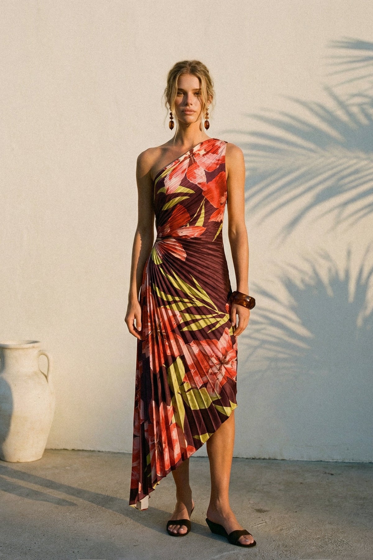 Dress Forum - Floral One Shoulder Asymmetrical Pleated Dress in Hibiscus Plum