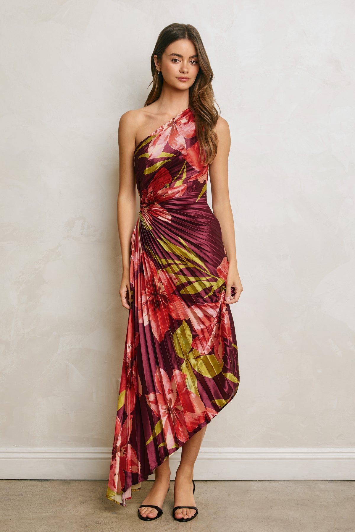 Dress Forum - Floral One Shoulder Asymmetrical Pleated Dress in Hibiscus Plum