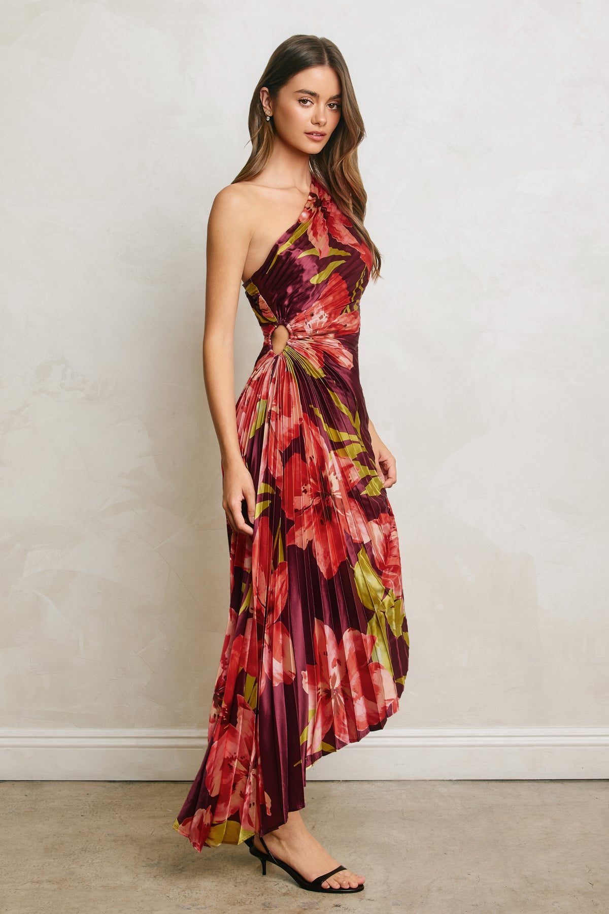 Dress Forum - Floral One Shoulder Asymmetrical Pleated Dress in Hibiscus Plum