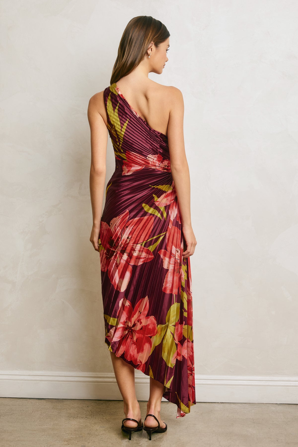 Dress Forum - Floral One Shoulder Asymmetrical Pleated Dress in Hibiscus Plum
