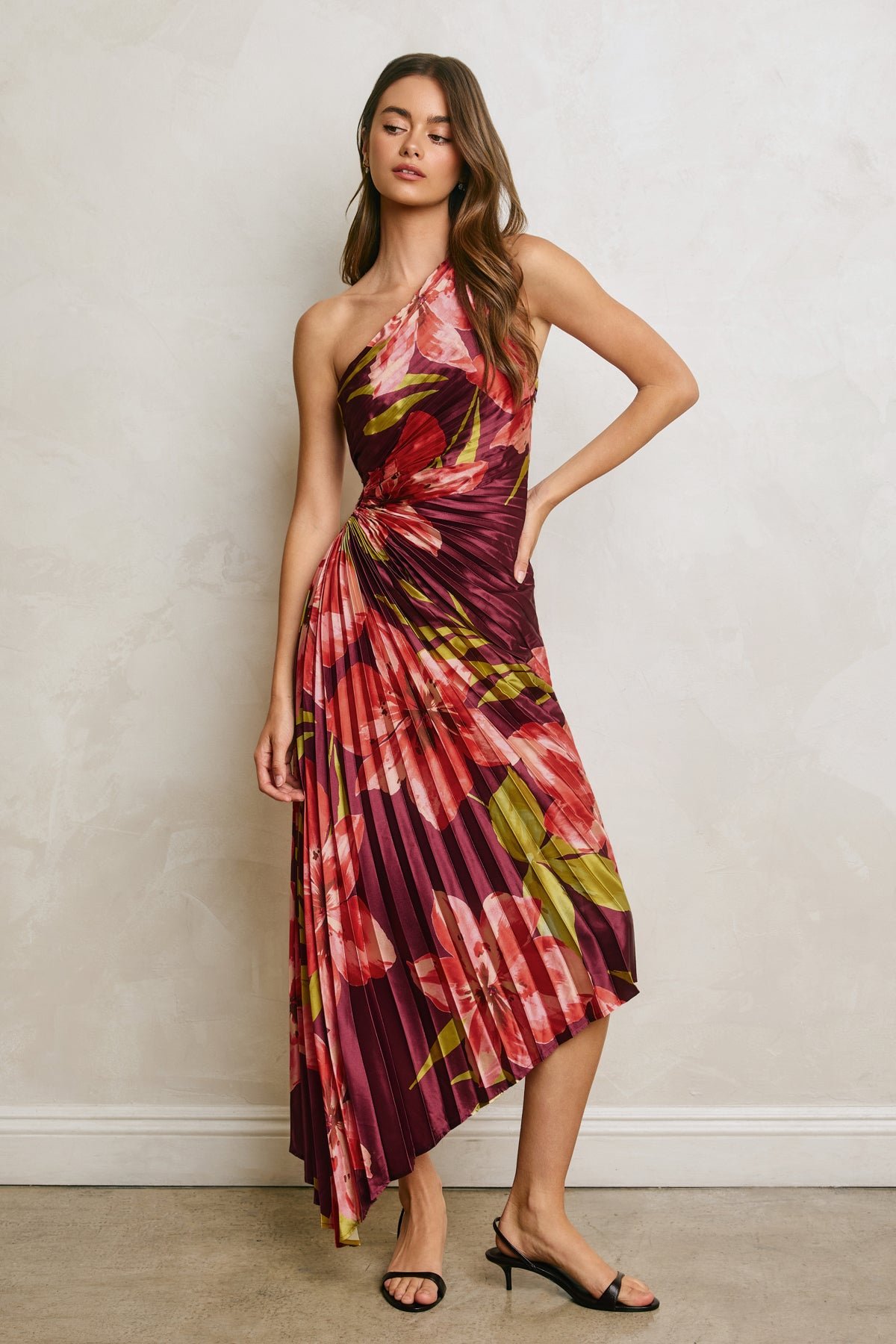 Dress Forum - Floral One Shoulder Asymmetrical Pleated Dress in Hibiscus Plum
