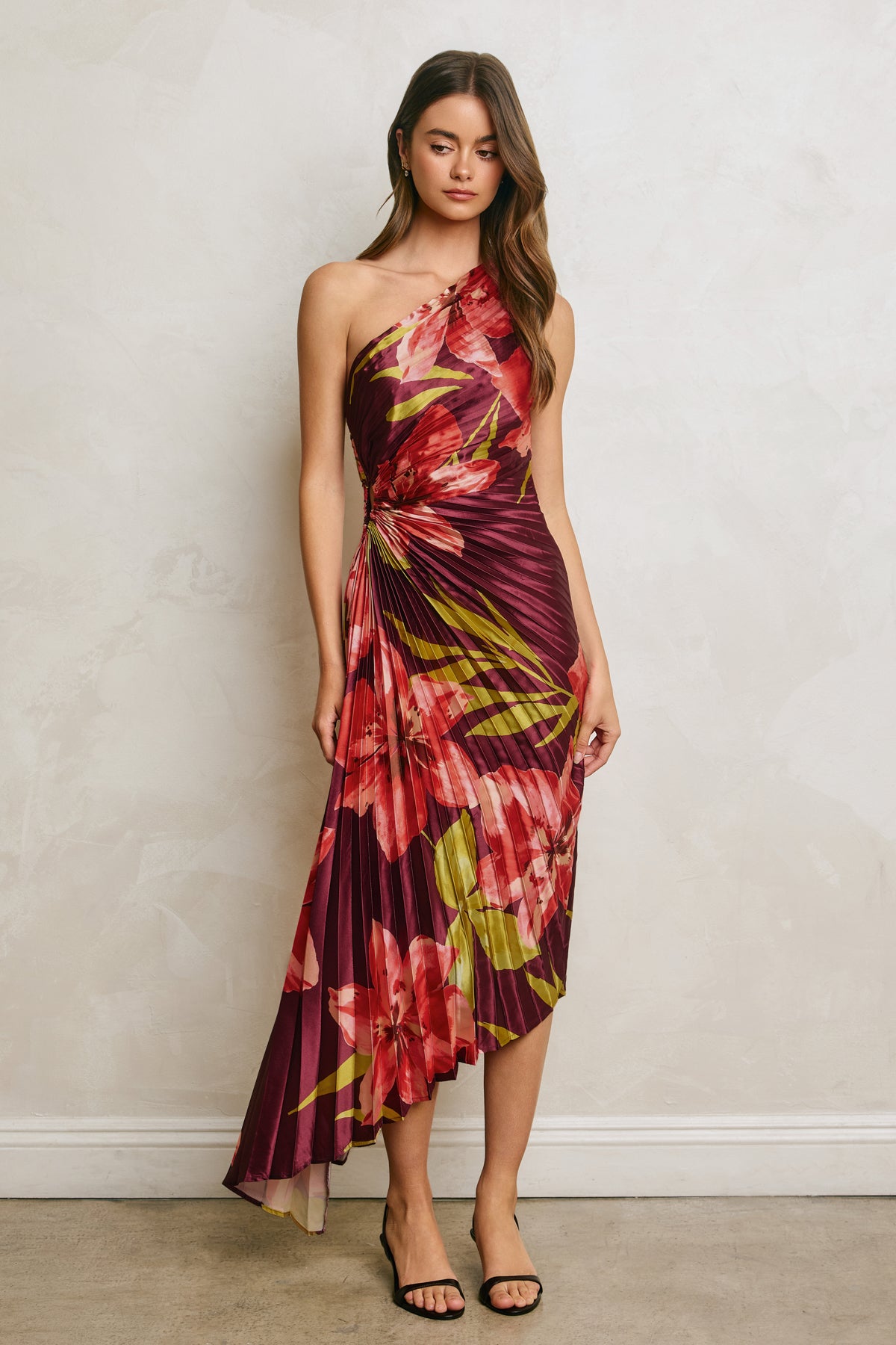 Dress Forum - Floral One Shoulder Asymmetrical Pleated Dress in Hibiscus Plum