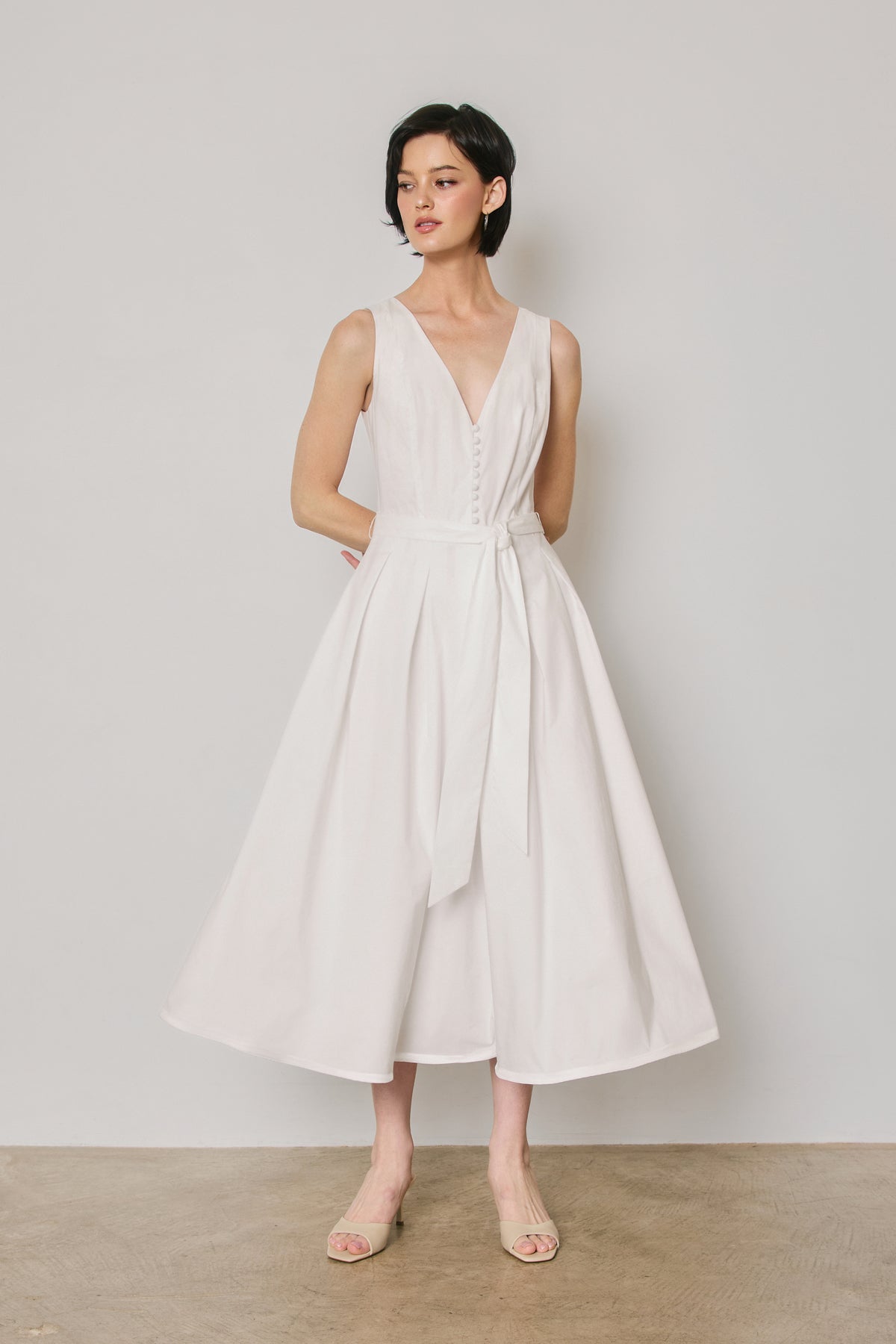 Dress Forum - Cotton Poplin Tulle Structured Midi Dress in Off-White