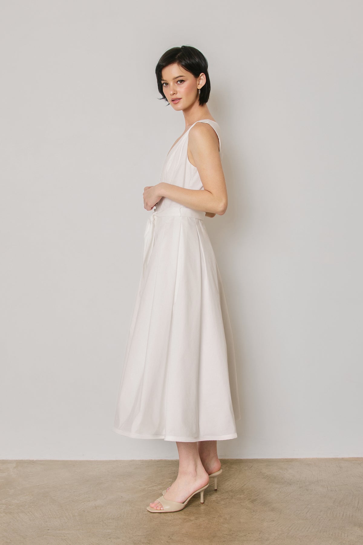 Dress Forum - Cotton Poplin Tulle Structured Midi Dress in Off-White