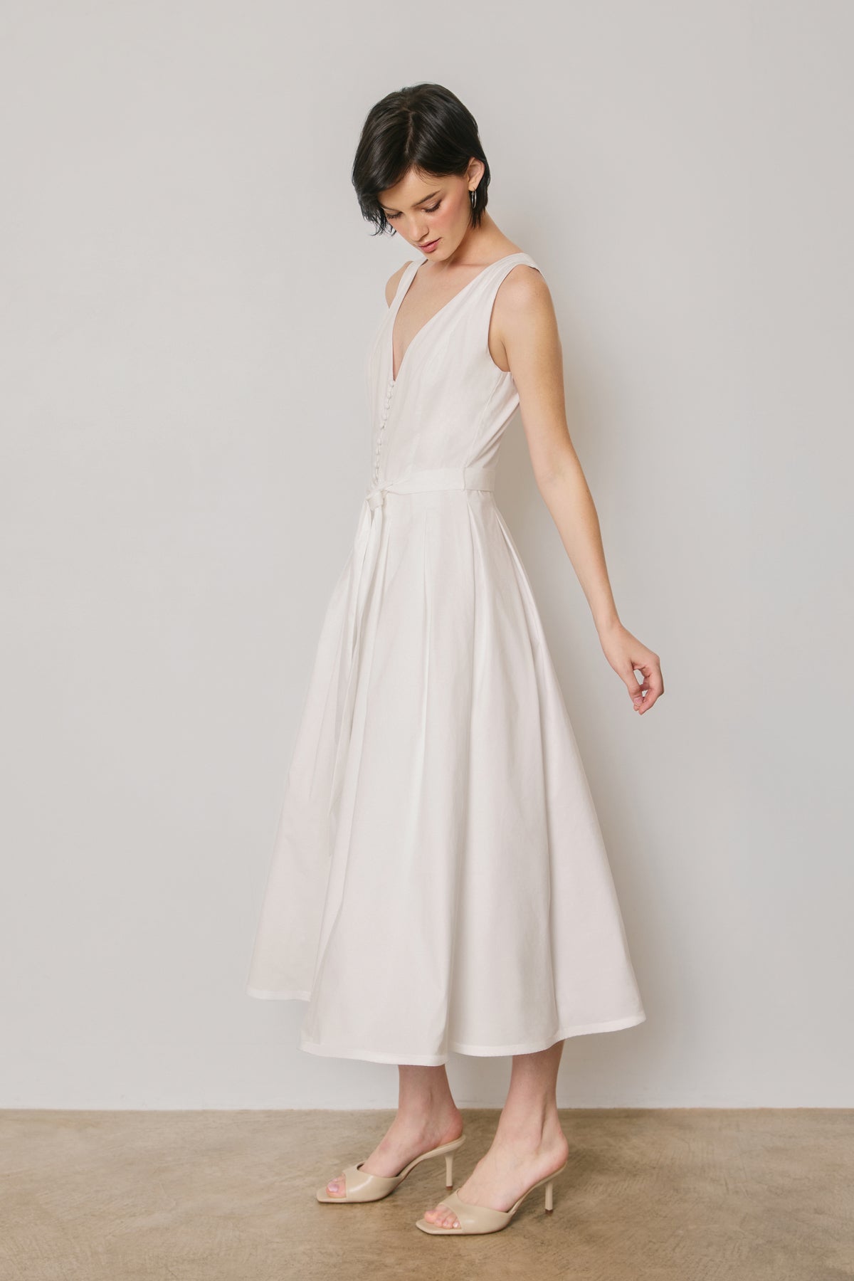 Dress Forum - Cotton Poplin Tulle Structured Midi Dress in Off-White