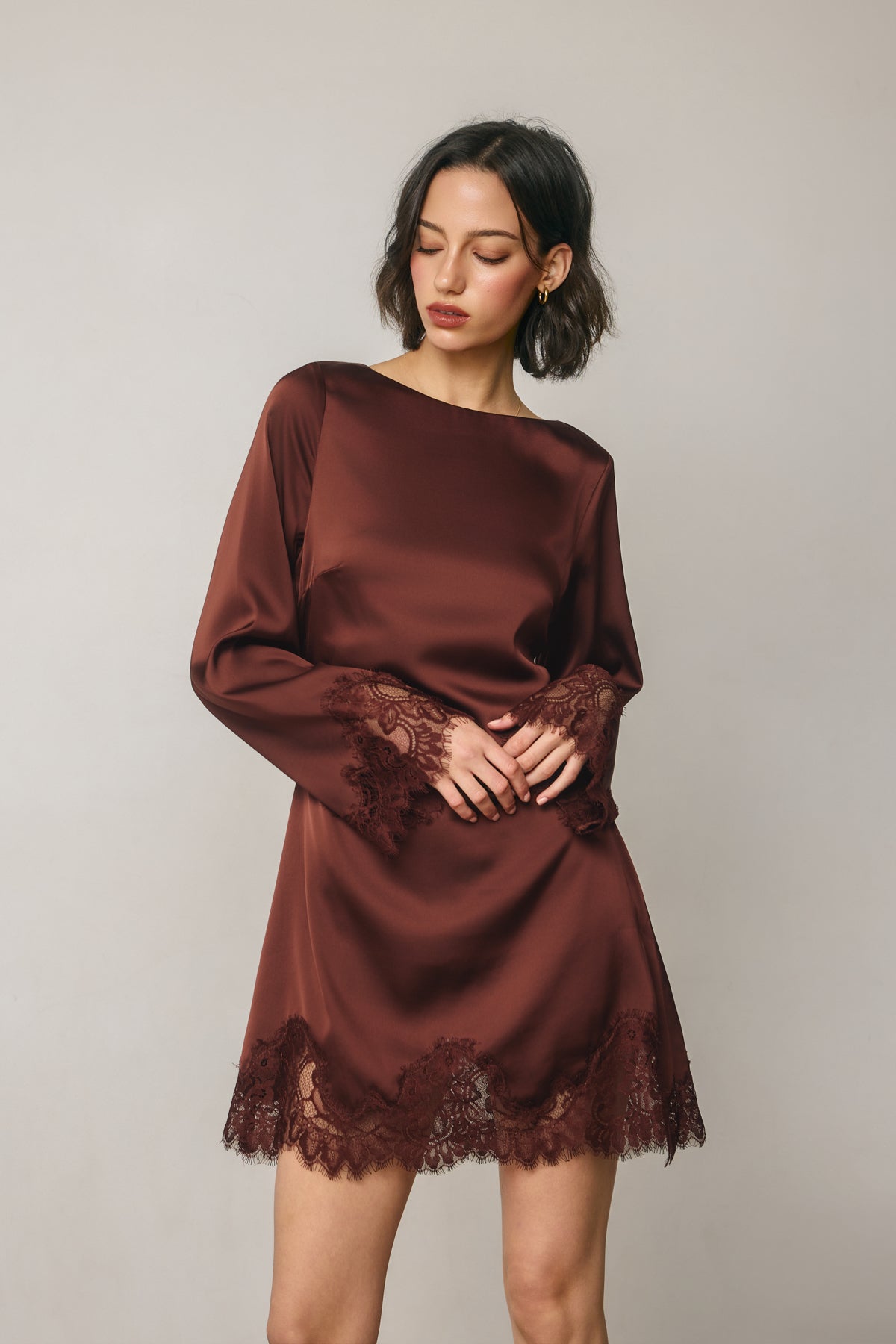 Dress Forum - Satin & Lace Long Sleeve Mini Dress in Rum Raisin