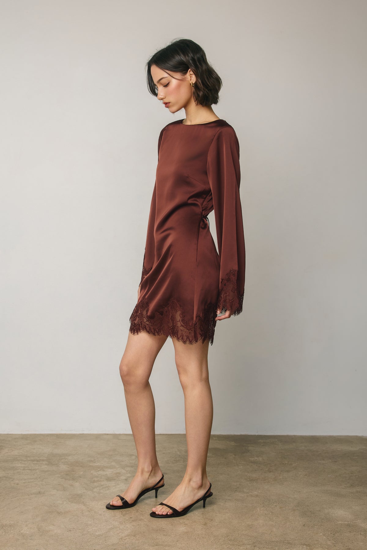 Dress Forum - Satin & Lace Long Sleeve Mini Dress in Rum Raisin