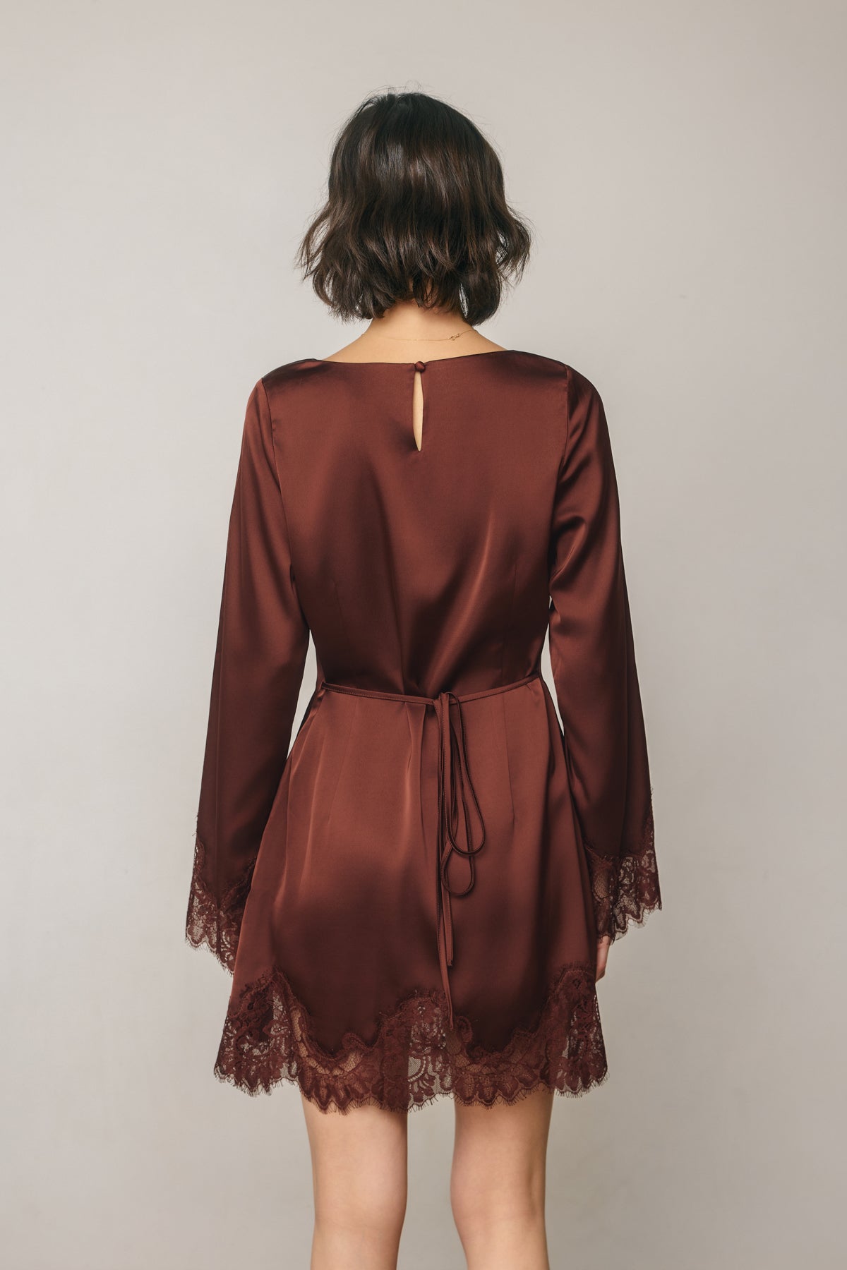 Dress Forum - Satin & Lace Long Sleeve Mini Dress in Rum Raisin