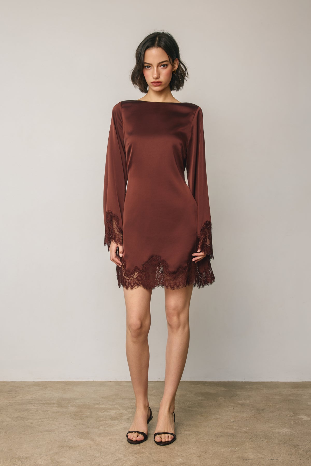 Dress Forum - Satin & Lace Long Sleeve Mini Dress in Rum Raisin
