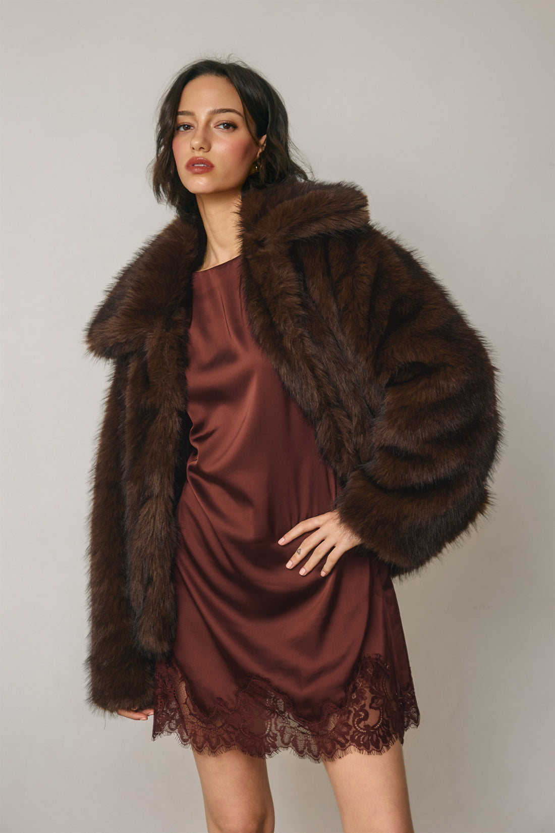 Dress Forum - Satin & Lace Long Sleeve Mini Dress in Rum Raisin