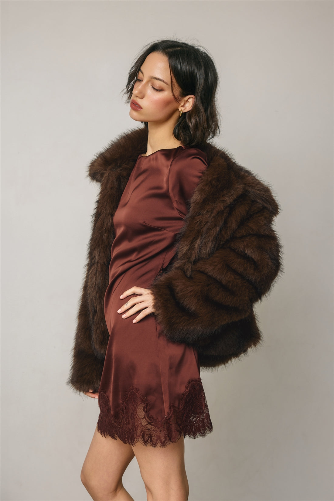 Dress Forum - Satin & Lace Long Sleeve Mini Dress in Rum Raisin