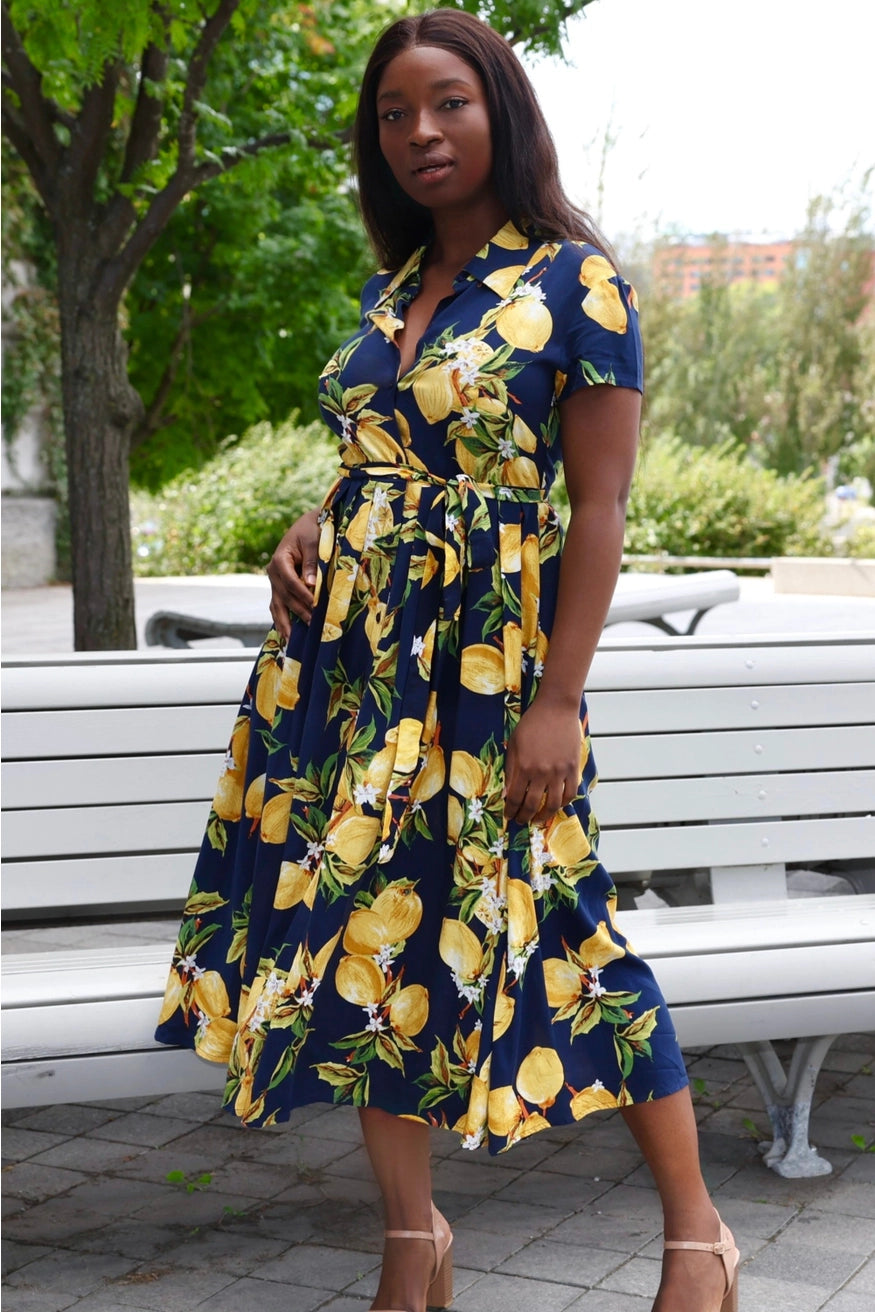 Annick- Galia Midi Lemon Shirt Dress in Navy