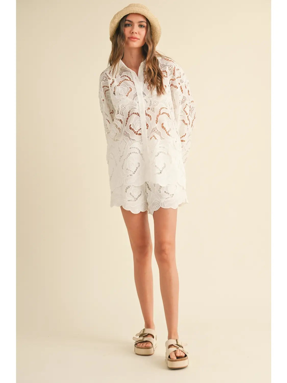 Miou Muse- Floral Eyelet Pattern Blouse
