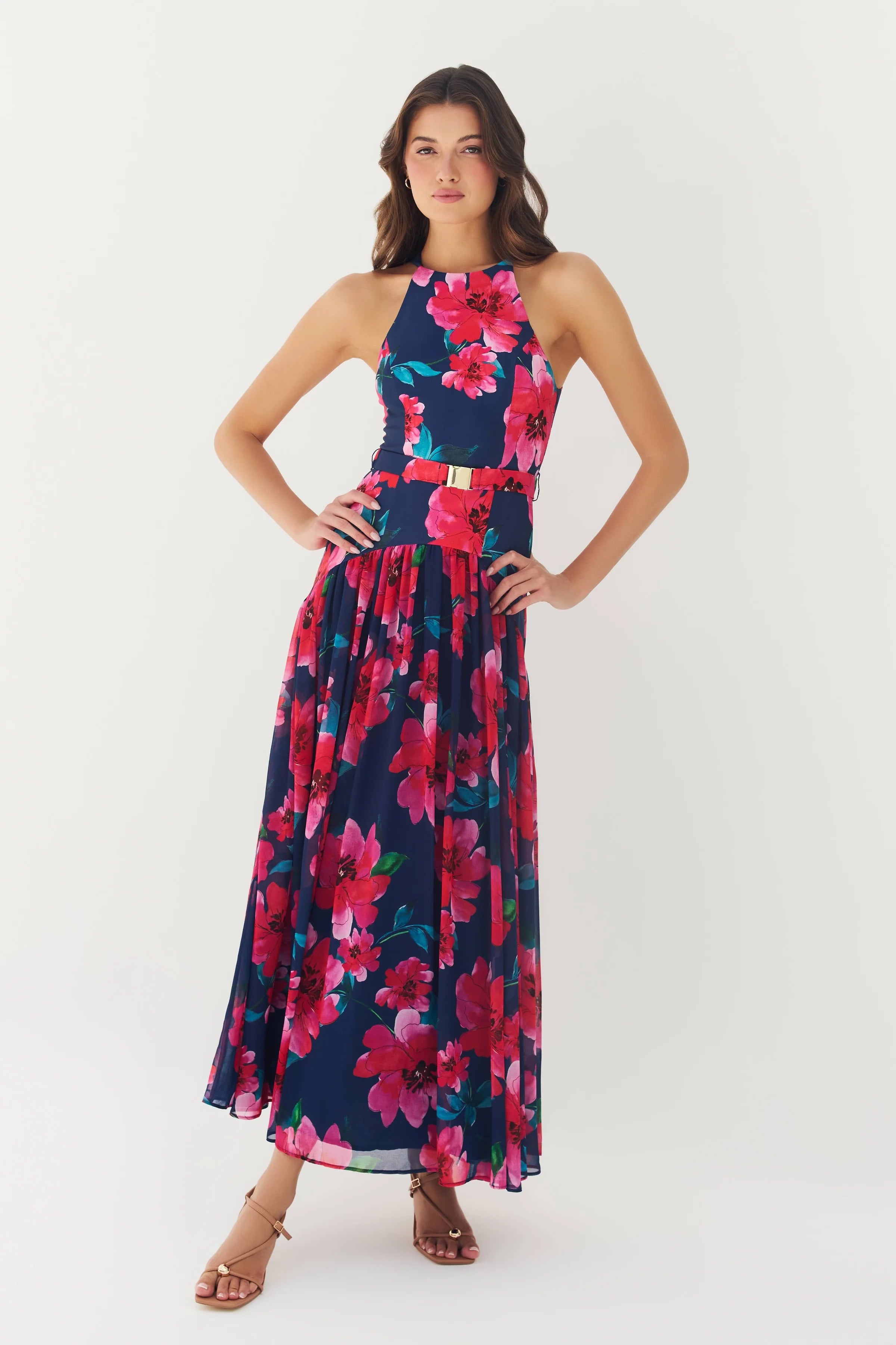 Hutch - Abbey Maxi Dress in Navy/Raspberry Watercolor Bloomed Floral