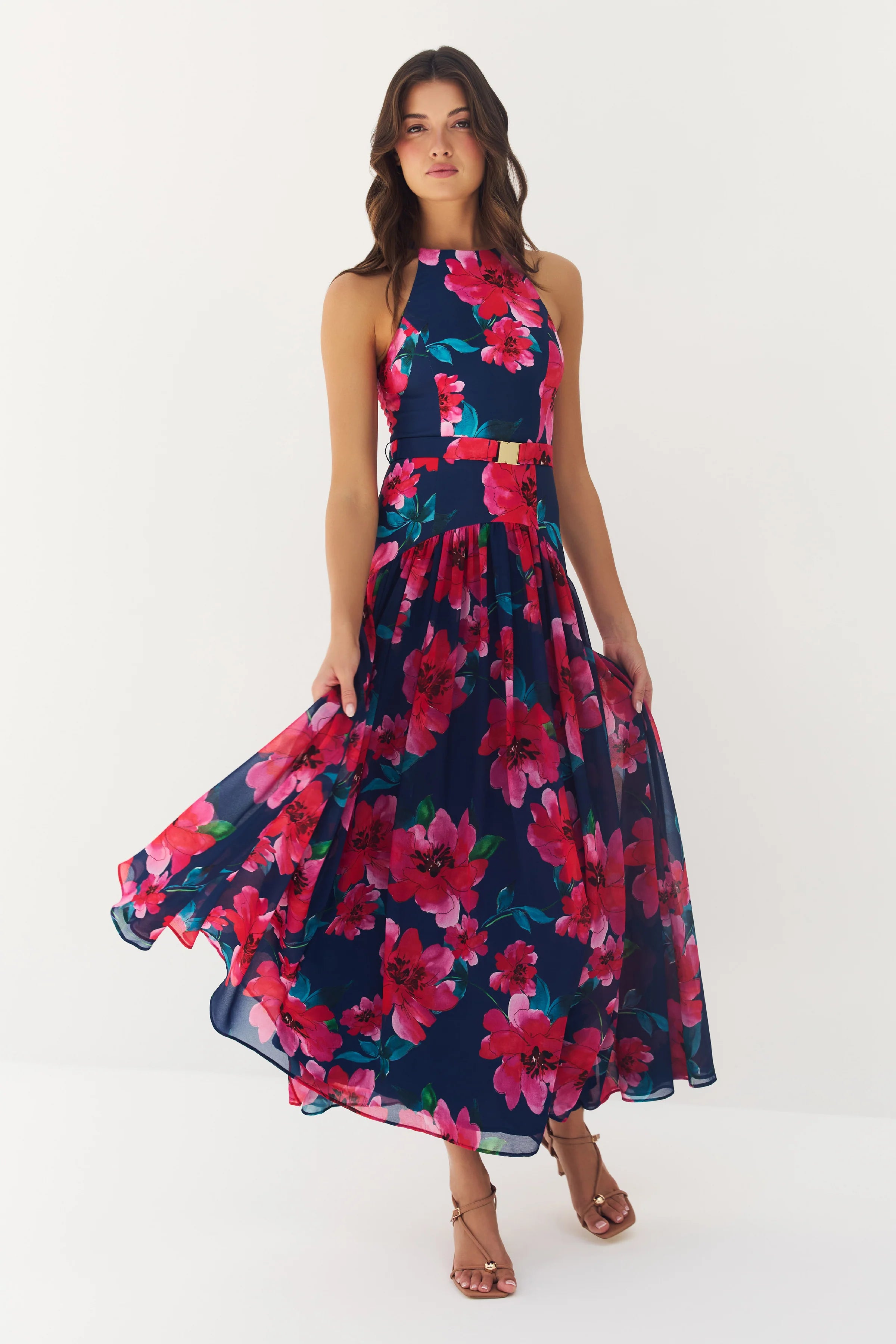 Hutch - Abbey Maxi Dress in Navy/Raspberry Watercolor Bloomed Floral