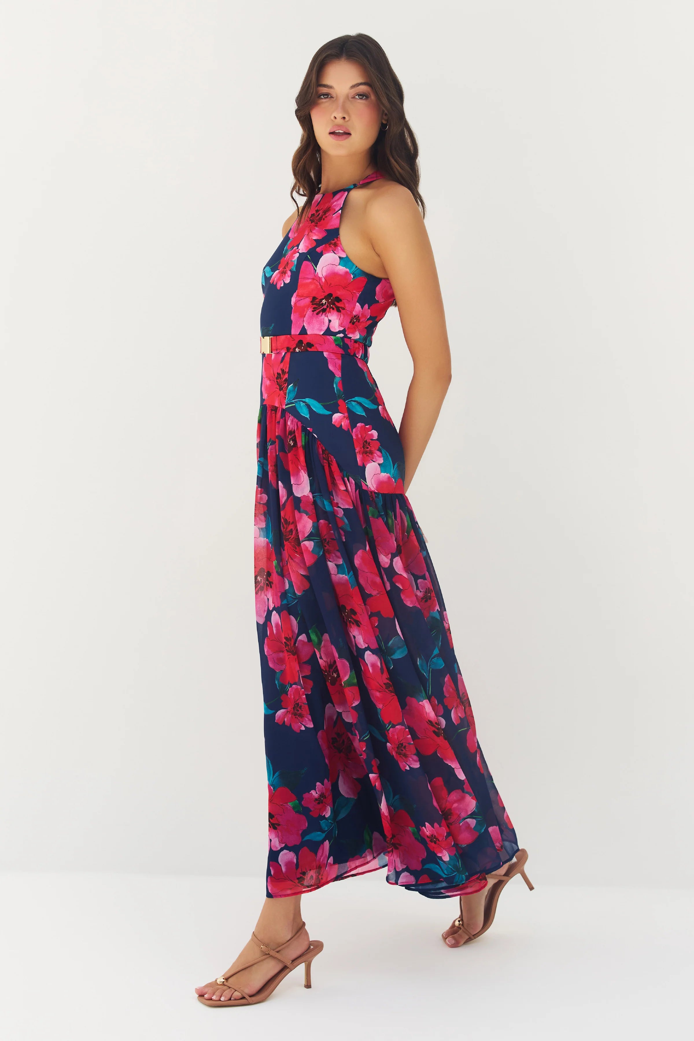 Hutch - Abbey Maxi Dress in Navy/Raspberry Watercolor Bloomed Floral