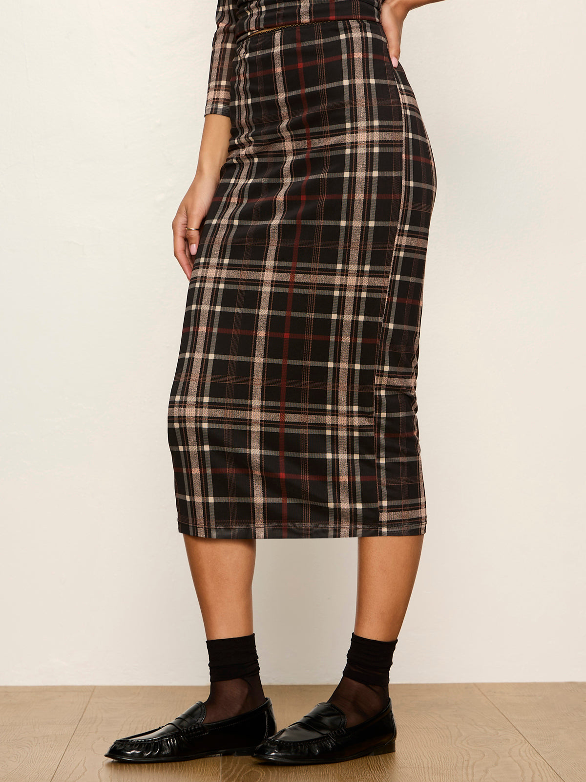 Sanctuary- Fall Mesh Midi Skirt in Cinder Plaid