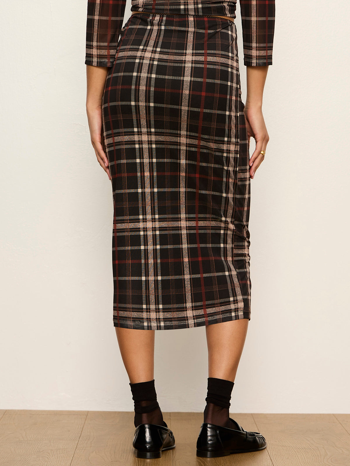 Sanctuary- Fall Mesh Midi Skirt in Cinder Plaid