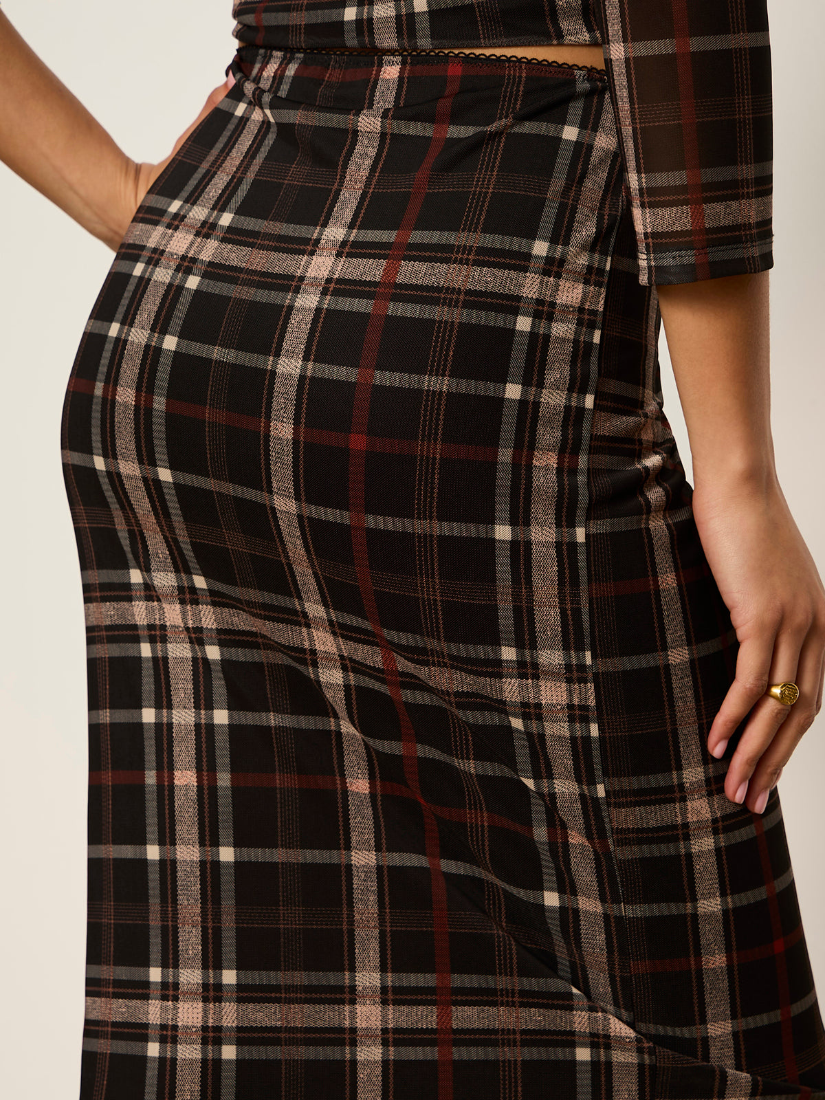 Sanctuary- Fall Mesh Midi Skirt in Cinder Plaid