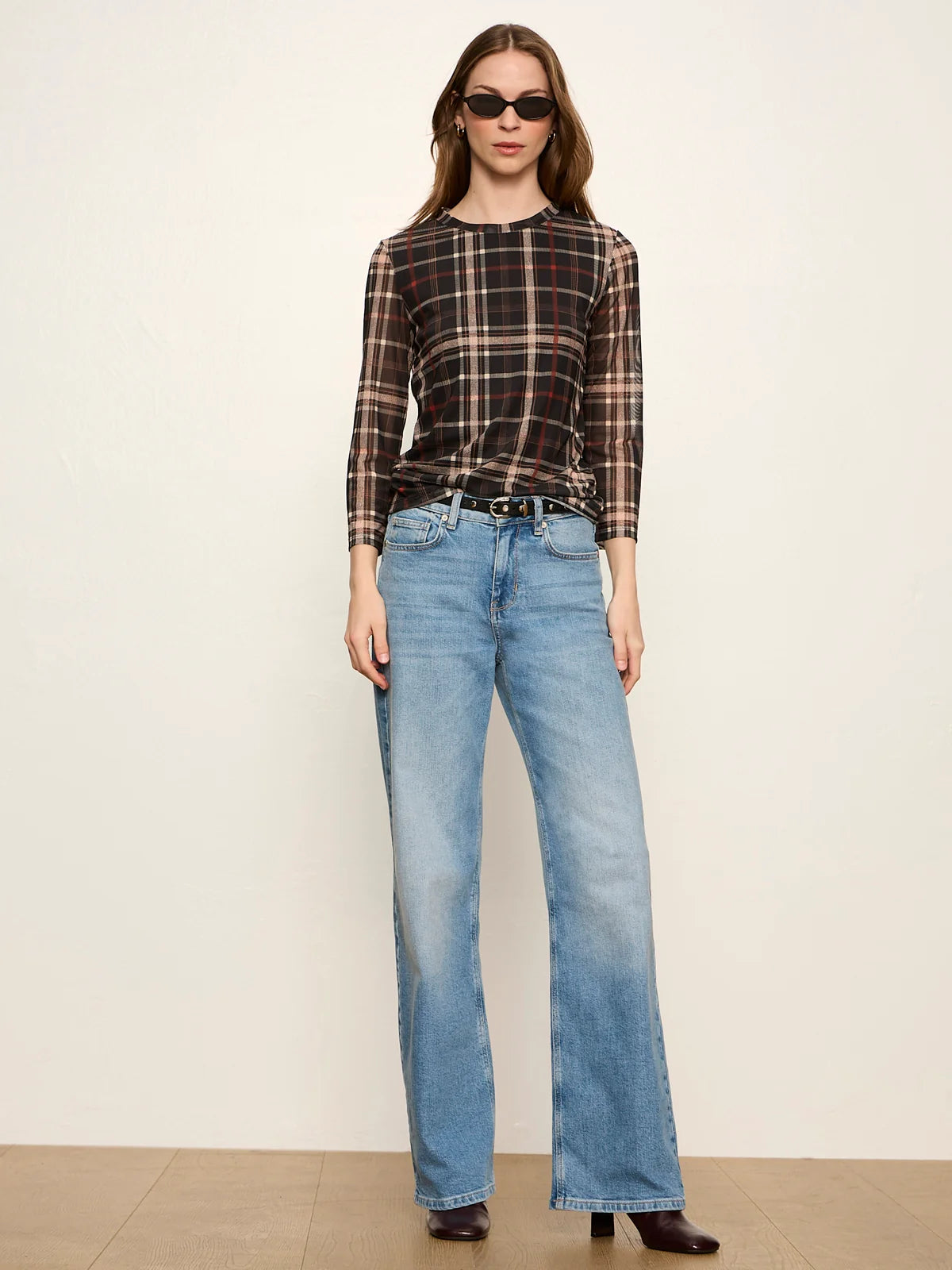 Sanctuary- Mesh 3/4 Sleeve Top in Cinder Plaid